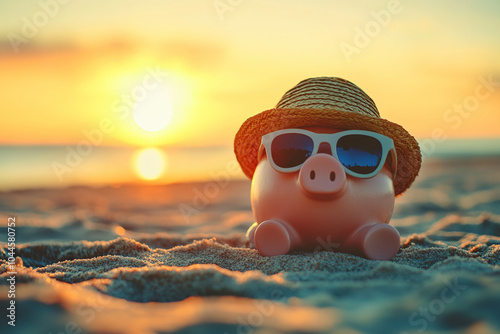 Piggy bank wearing sunglasses and straw hat relaxing on the beach at sunset
