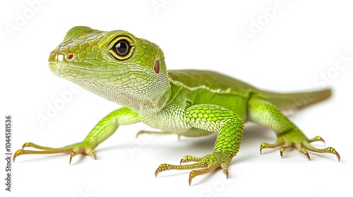 Emerald Green Lizard: A vibrant green lizard with striking black eyes, captured in a close-up shot showcasing its intricate scales and inquisitive gaze.