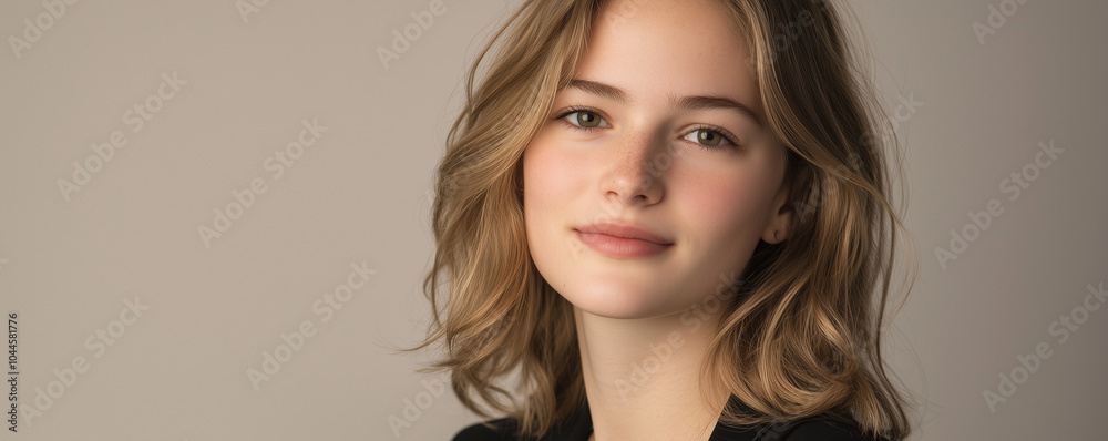 Naklejka premium Natural Portrait of a Young Woman with Soft Features and Warm Expression
