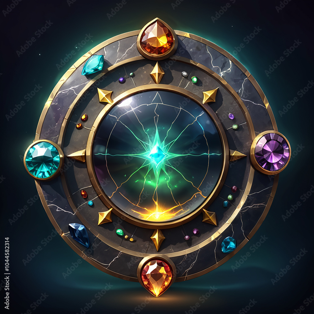 A circular compass with a glowing green center surrounded by gemstones, set in a black and gold frame. The compass is set against a dark blue background with subtle lighting effects. A circular compass with a glowing green center surrounded by gemstones, set in a black and gold frame. The compass is set against a dark blue background with subtle lighting effects.