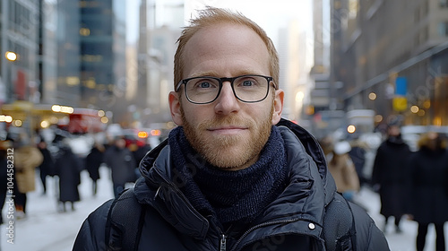 Man Wearing Glasses and Winter Coat in Busy City Street During Daytime