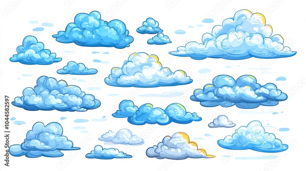 Fototapeta premium A collection of illustrated clouds in various shapes and sizes, ideal for graphic design use.