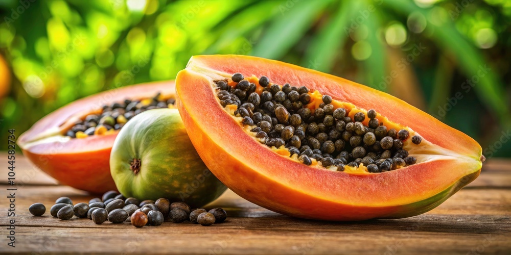 Vibrant Papaya Cut Open Revealing Abundant Seeds, Showcasing Healthy Eating with Seasonal Fruits, Freshness, and Nutritional Benefits in an Artistic Conceptual Photography Style Vibrant Papaya Cut Open Revealing Abundant Seeds, Showcasing Healthy Eating with Seasonal Fruits, Freshness, and Nutritional Benefits in an Artistic Conceptual Photography Style
