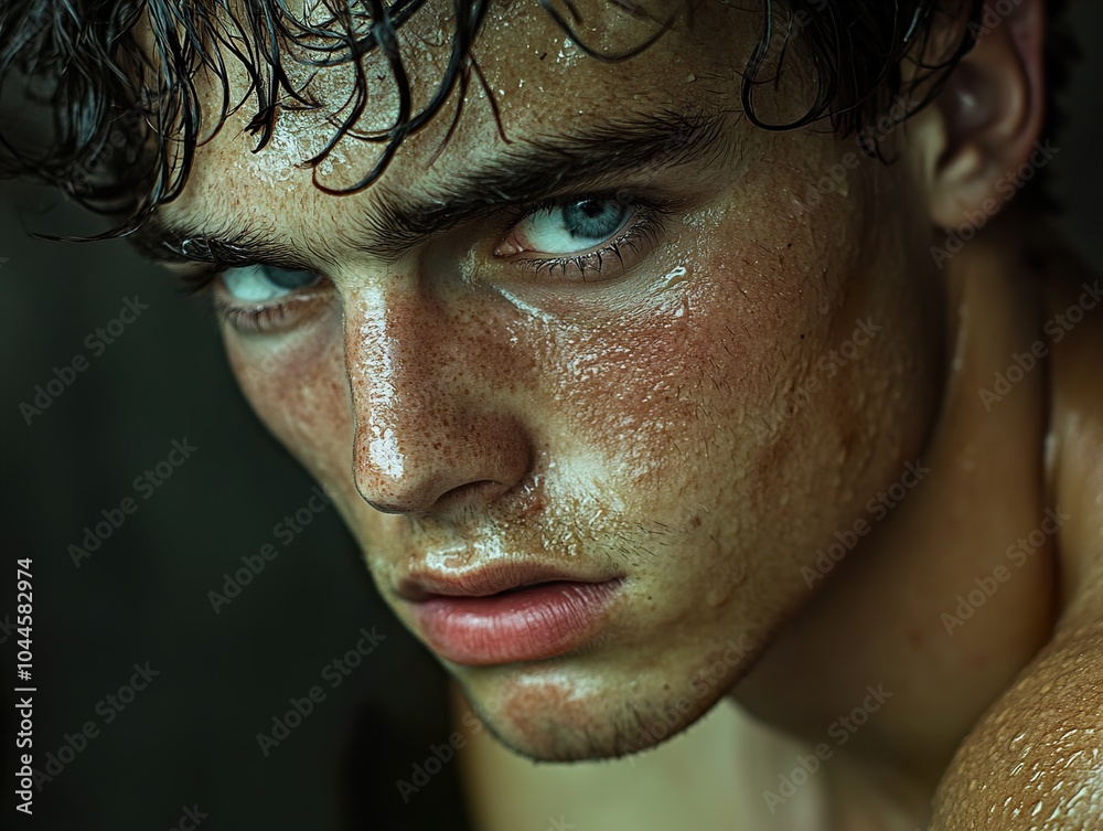 Close-up Portrait of a Determined Man with Sweaty Skin Close-up Portrait of a Determined Man with Sweaty Skin