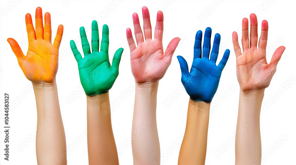 Colorful Painted Human Hands Raised Against White Background Colorful Painted Human Hands Raised Against White Background