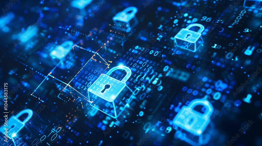 Multiple digital locks with glowing blue connections symbolizing cybersecurity and network protection Multiple digital locks with glowing blue connections symbolizing cybersecurity and network protection