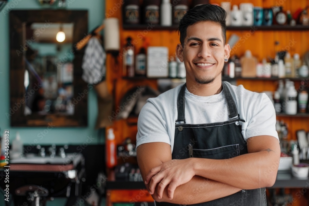 Fototapeta premium Latin American Barber Thrives in Own Business as Young Entrepreneur