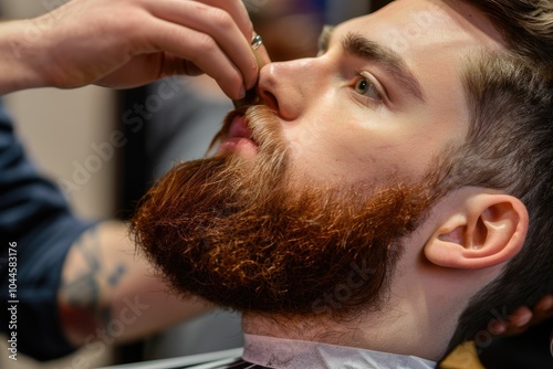 Young man getting beard groomed at barbershop.