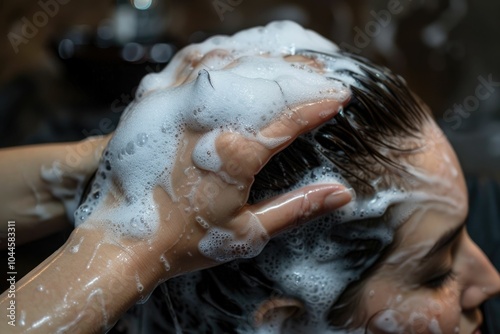 Hair washing service at barber shop. photo