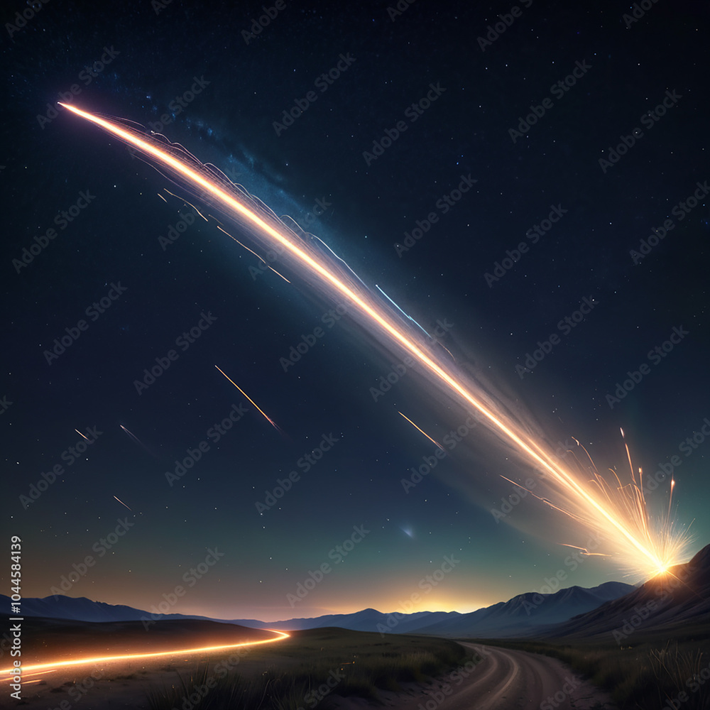 A long exposure shot captures a bright meteor streak in the night sky, illuminating the landscape with a warm glow. The starry sky and distant hills create a sense of vastness and wonder. A long exposure shot captures a bright meteor streak in the night sky, illuminating the landscape with a warm glow. The starry sky and distant hills create a sense of vastness and wonder.