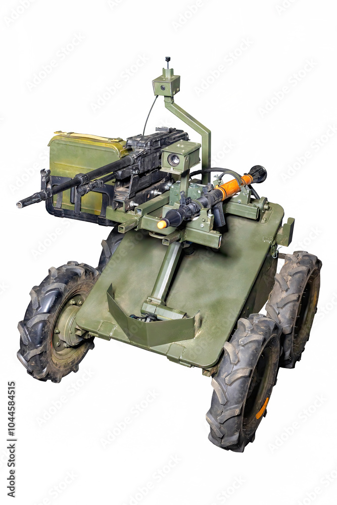Armed military ground drone isolated on white background.