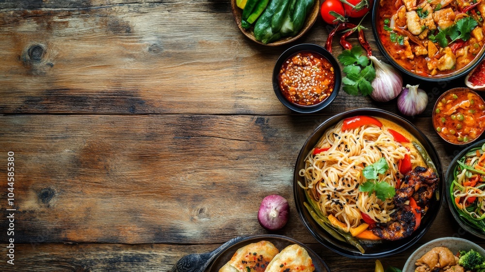 Vibrant Noodle Dishes on Rustic Wooden Table Vibrant Noodle Dishes on Rustic Wooden Table