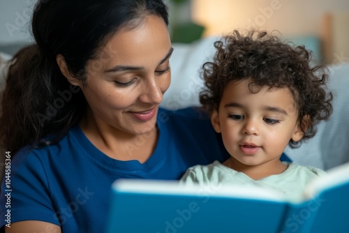 Caring Housekeeper Reading Bedtime Story to Child in Cozy Bedroom Setting, Professional Caregiver Creating Nurturing Night Routine Through Literature Engagement. Supportive Caregiving Role.