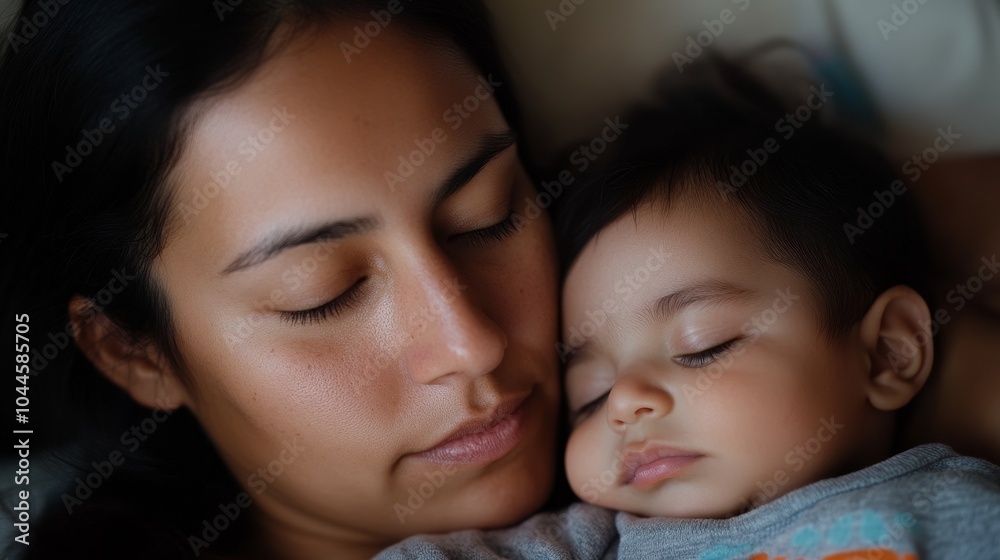 A tender moment captured as a Hispanic mother gently holds her sleeping child in a serene setting. The deep bond of parenthood and the warmth of love that envelops both in this peaceful embrace. A tender moment captured as a Hispanic mother gently holds her sleeping child in a serene setting. The deep bond of parenthood and the warmth of love that envelops both in this peaceful embrace.