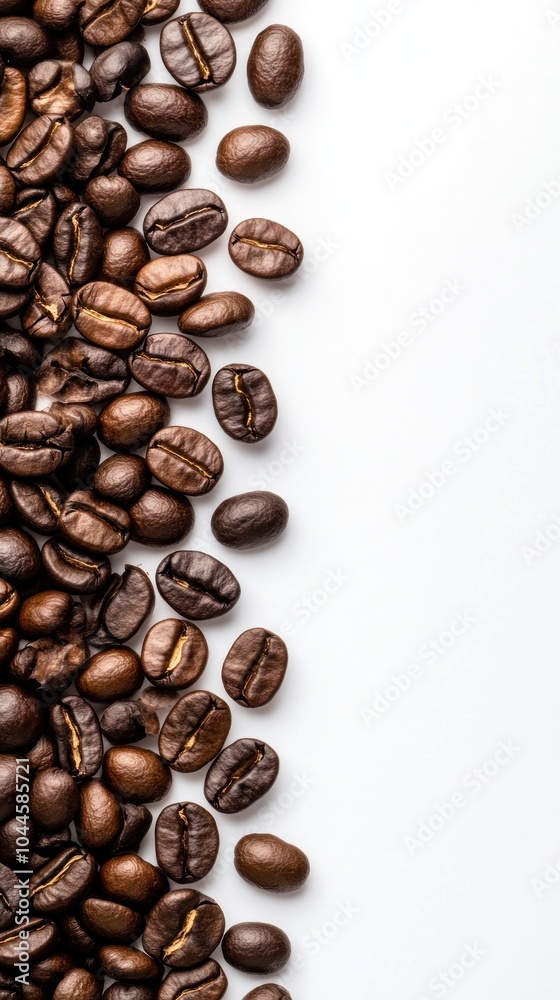 A collection of roasted coffee beans arranged on a white background. A collection of roasted coffee beans arranged on a white background.
