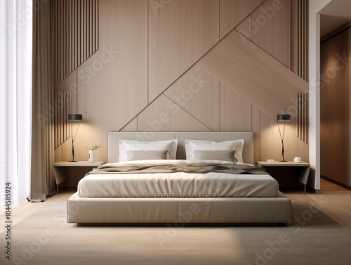 Living room interior in modern minimalist style with wooden panneling. Neutral and light colors interior with wood wall panels. Wood panneling walls.