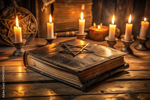 Mystical Necronomicon spell book on table with candlelight photo