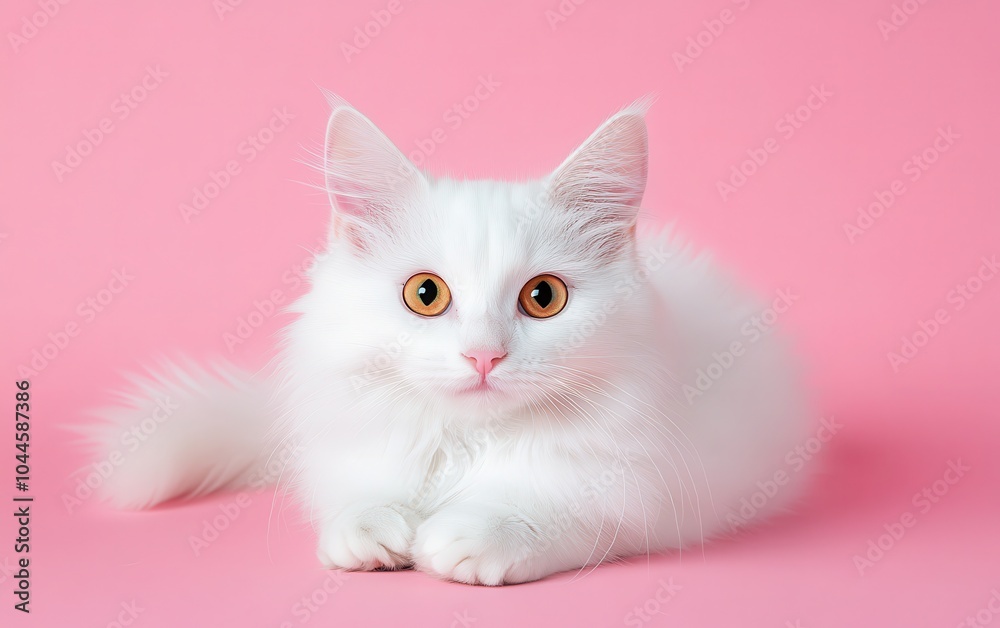 A beautiful portrait of a Turkish Angora cat with its captivating eyes focused on the camera, placed on an isolated pastel background that complements its fur, perfect for elegant pet photography 