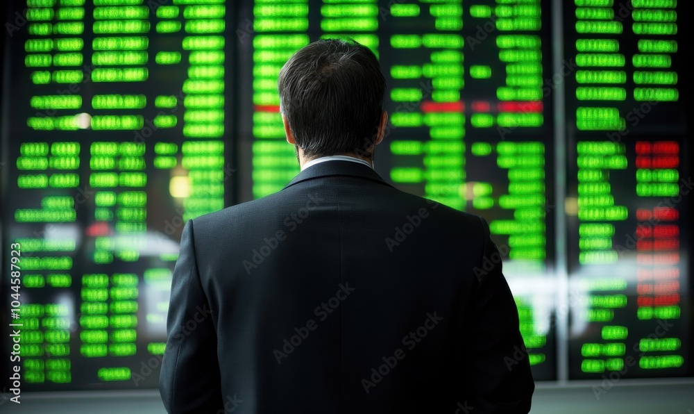 Businessman in front of a stock market display