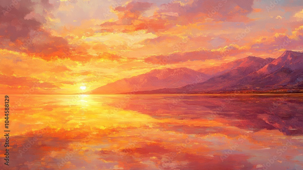Fototapeta premium Serene Sunset Over Mountains and Calm Water