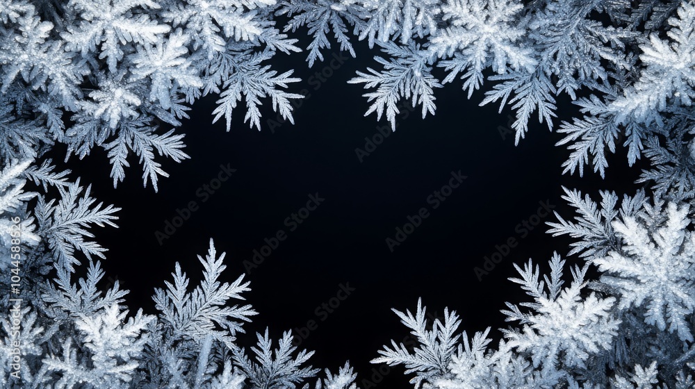 Frosty pattern frame on a black background. Winter overlay design with place for text. Frost on the glass, freezing effect. Christmas crystals concept copy space banner. Frosty pattern frame on a black background. Winter overlay design with place for text. Frost on the glass, freezing effect. Christmas crystals concept copy space banner.