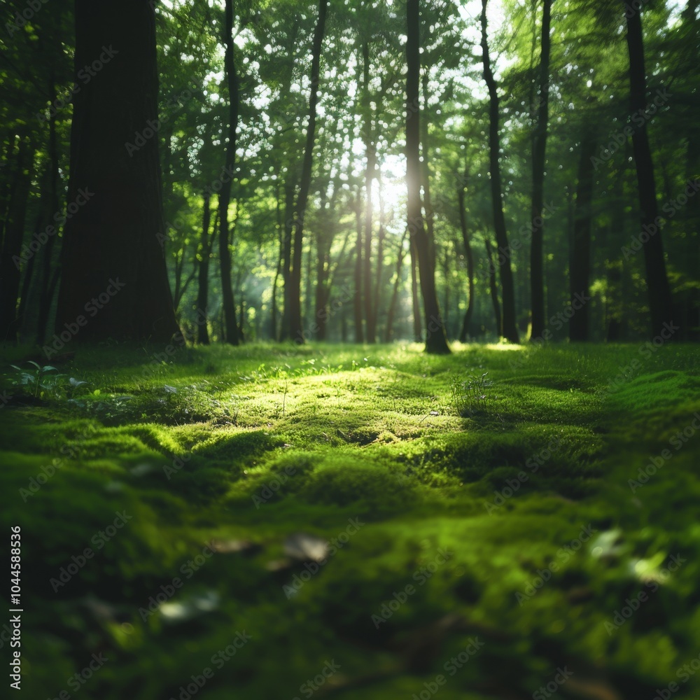 Naklejka premium Sunlight streams through the canopy of a lush forest, illuminating the moss-covered forest floor.
