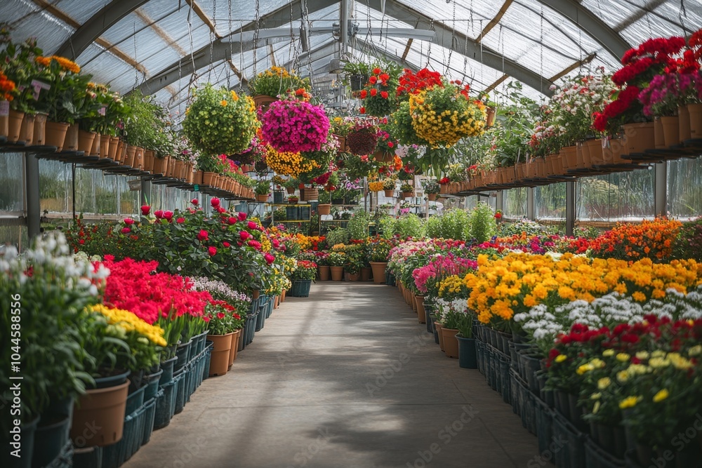 Colorful flowers arranged in rows in a greenhouse. Colorful flowers arranged in rows in a greenhouse.