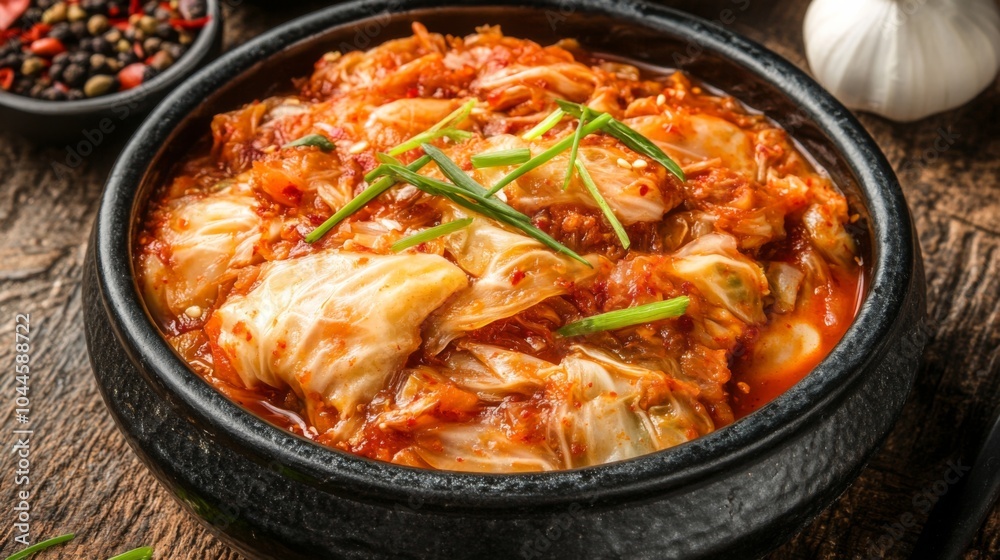Fototapeta premium Warm Kimchi in Rustic Table Setting