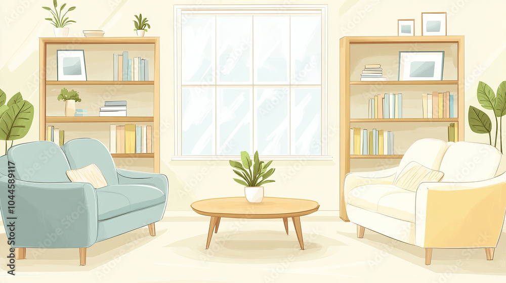 Illustration style modern building living room Illustration style modern building living room