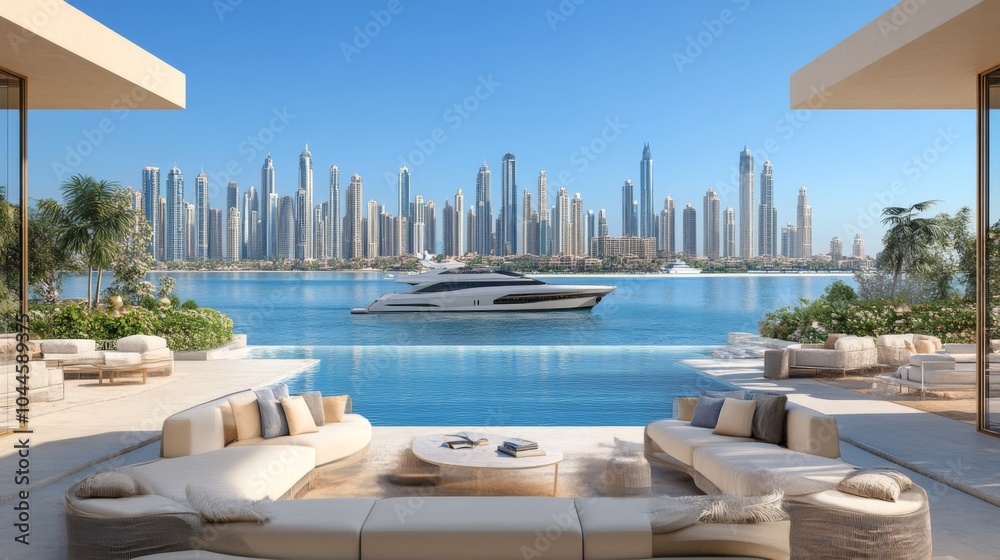 Fototapeta premium Inviting Cityscape with Luxury Homes and Serene Waters