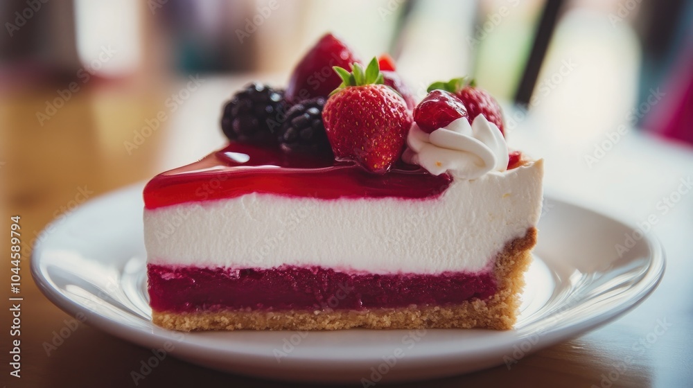 Delicious Berry Cheesecake Slice on a White Plate