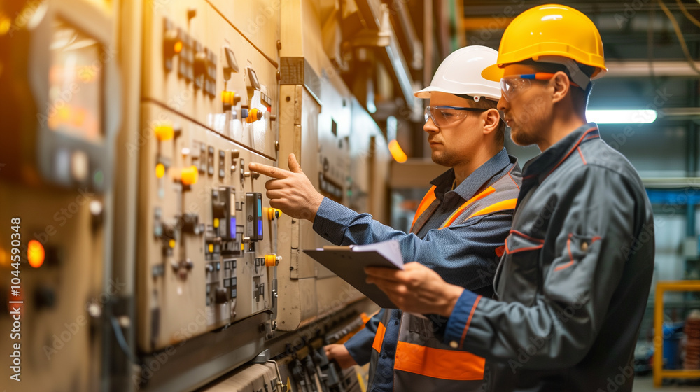 Engineers in safety gear inspecting control panels in an industrial facility, ensuring operations and safety standards Engineers in safety gear inspecting control panels in an industrial facility, ensuring operations and safety standards