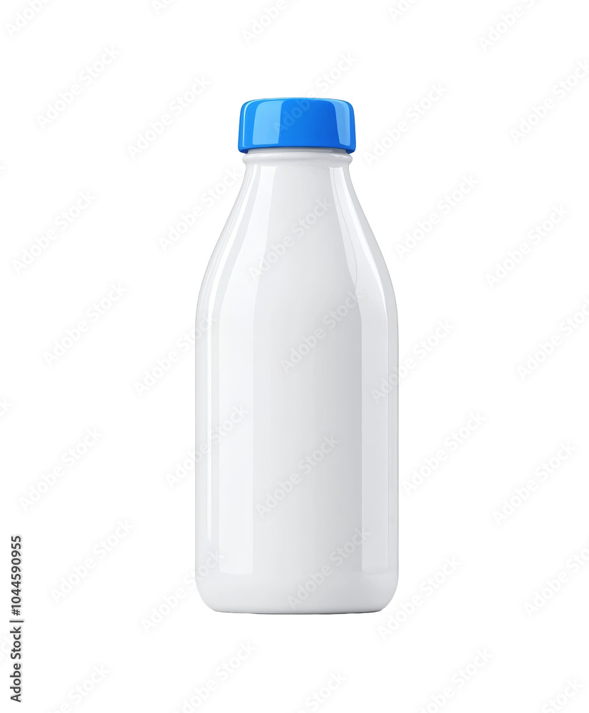 A clean, simple image of a white plastic milk bottle with a blue cap on a white background. A clean, simple image of a white plastic milk bottle with a blue cap on a white background.