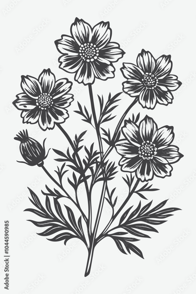 Coreopsis Branch with Beautiful Flowers Silhouette Vector Art for Nature and Floral Design Coreopsis Branch with Beautiful Flowers Silhouette Vector Art for Nature and Floral Design