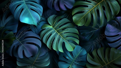 Wallpaper Mural Vivid Tropical Leaves Highlighted with Bold Neon Lights and Shades Picture Torontodigital.ca
