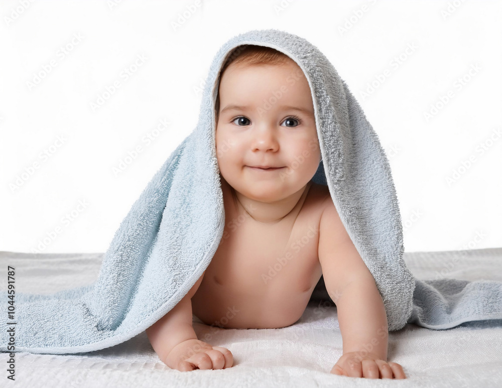 Kleines Baby mit Handtuch über den Kopf