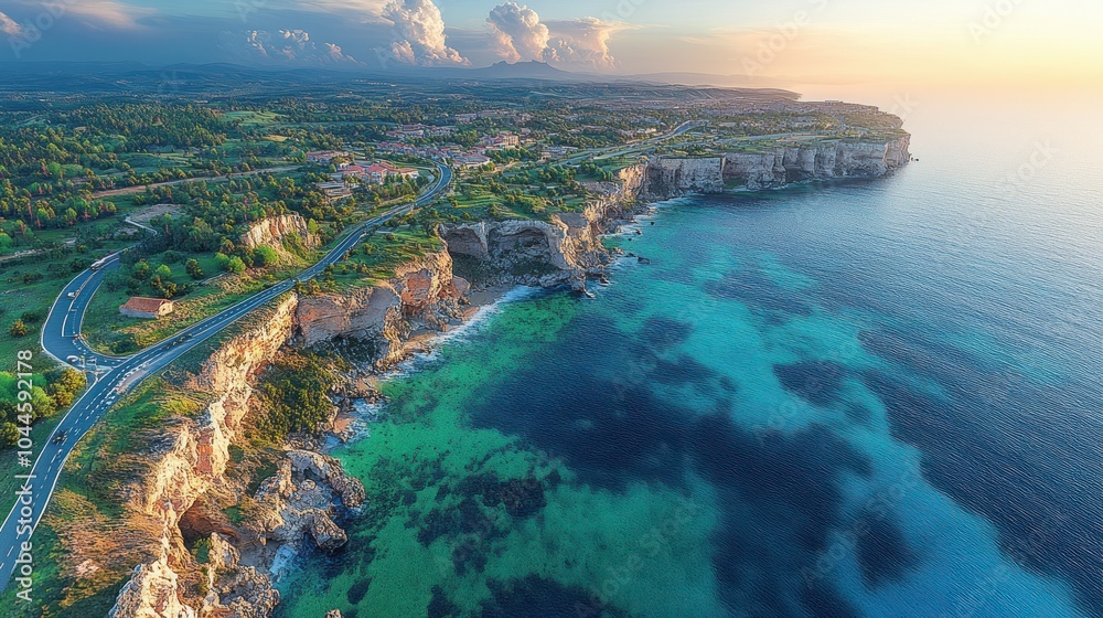 Obraz premium Aerial view of a coastal landscape with cliffs and clear water.
