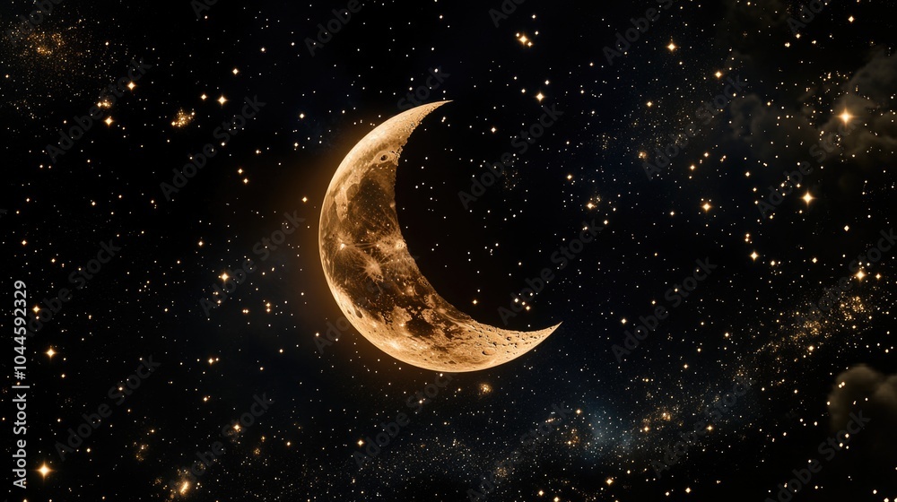 Mysterious Crescent Moon in Starry Night Sky Mysterious Crescent Moon in Starry Night Sky