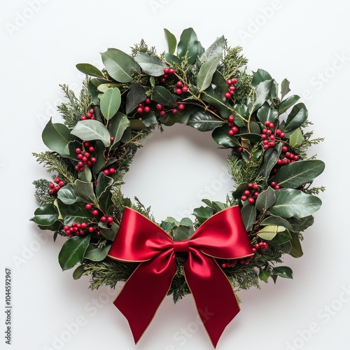 Christmas isolated wreath with Cristmas plant. Traditional Xmas isolated floral element with bow. Banner with copy space. Flower frame Noel card.