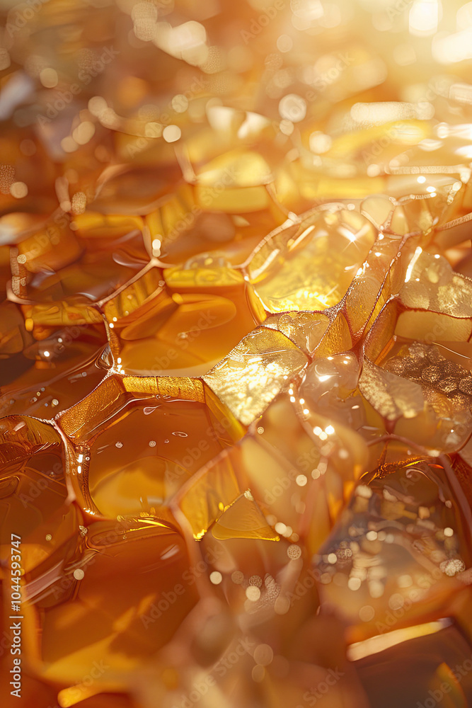 Macro Shot of Honeycomb with Golden Honey and Bees in the Background