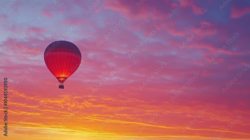 Fototapeta premium Vibrant Hot Air Balloon Against Colorful Sunrise Sky