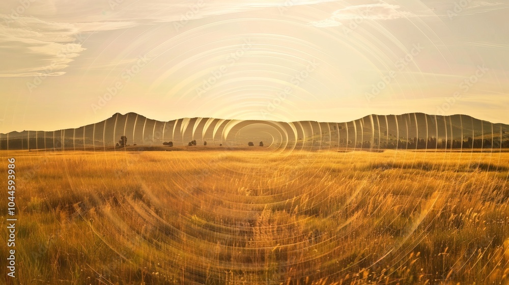 Obraz premium Sound waves radiating across a serene landscape, symbolizing the interconnectedness and harmony of natural and auditory elements.