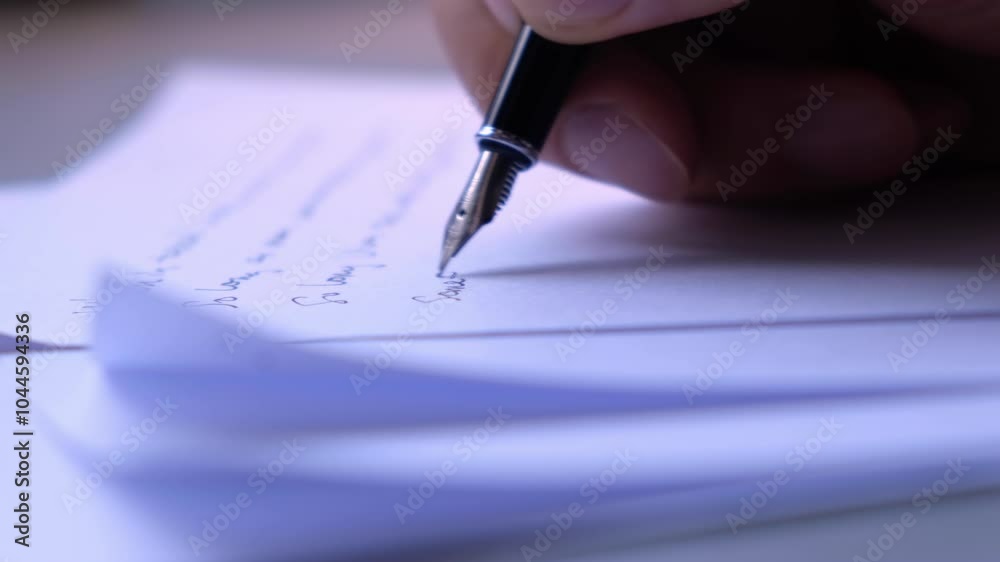 The male is writing on white paper with a pen on the desk.