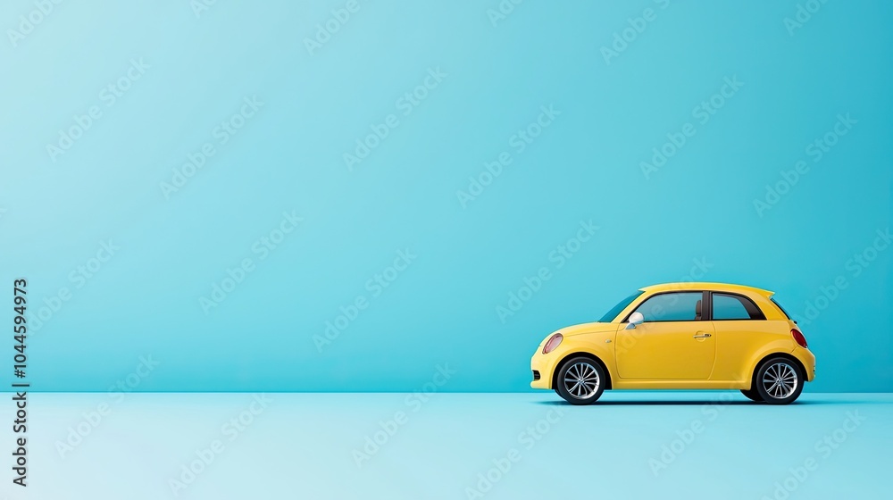 Vibrant Yellow Compact Car on a Bright Blue Background