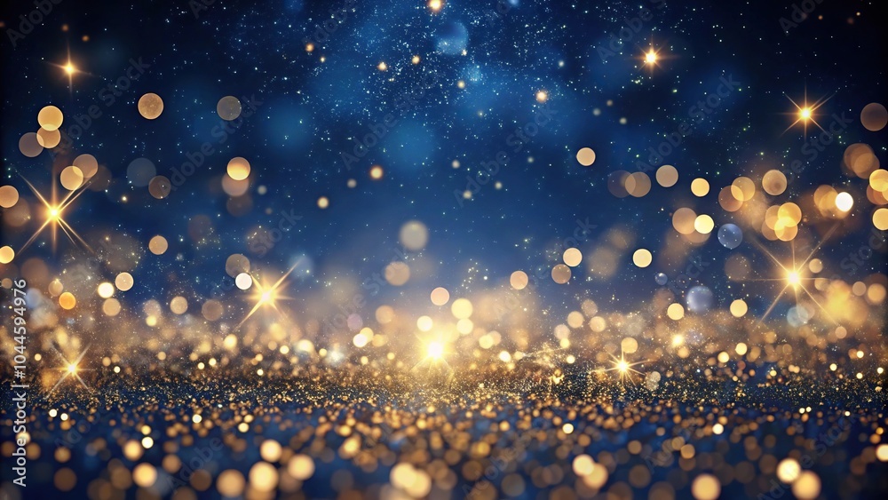 Obraz premium Navy blue background with gold particles and shimmering bokeh for holiday concepts eye level