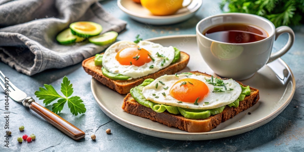 Healthy avocado toast with fried eggs, accompanied by a cup of tea perfect for a nutritious breakfast or lunch , avocado, toast Healthy avocado toast with fried eggs, accompanied by a cup of tea perfect for a nutritious breakfast or lunch , avocado, toast
