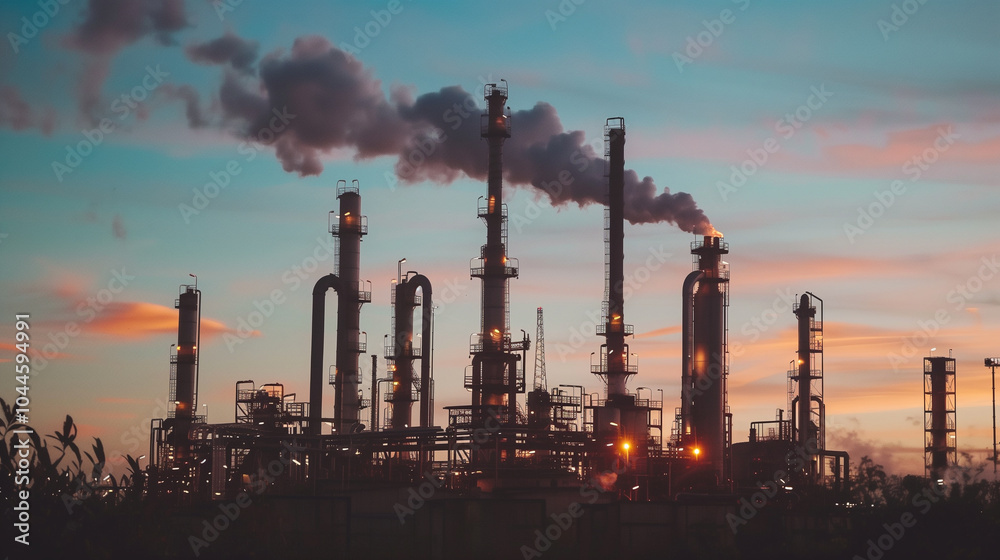 Silhouette of an industrial oil refinery at twilight with smoke rising from chimneys, symbolizing energy production and environmental impact Silhouette of an industrial oil refinery at twilight with smoke rising from chimneys, symbolizing energy production and environmental impact