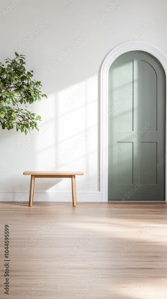 Natural light cascades through a green door, highlighting a simple wooden bench and a potted plant Natural light cascades through a green door, highlighting a simple wooden bench and a potted plant