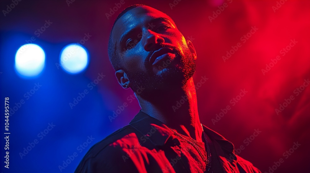 Intense Portrait of a Man in Red and Blue Lighting Intense Portrait of a Man in Red and Blue Lighting