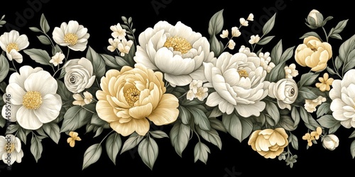 a simple linoleum print of peonies with and eye and ornamental flowers in indian traditional style